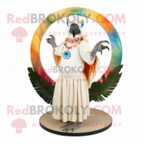 Cream Macaw mascot costume character dressed with a Circle Skirt and Earrings