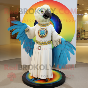 Cream Macaw mascot costume character dressed with a Circle Skirt and Earrings