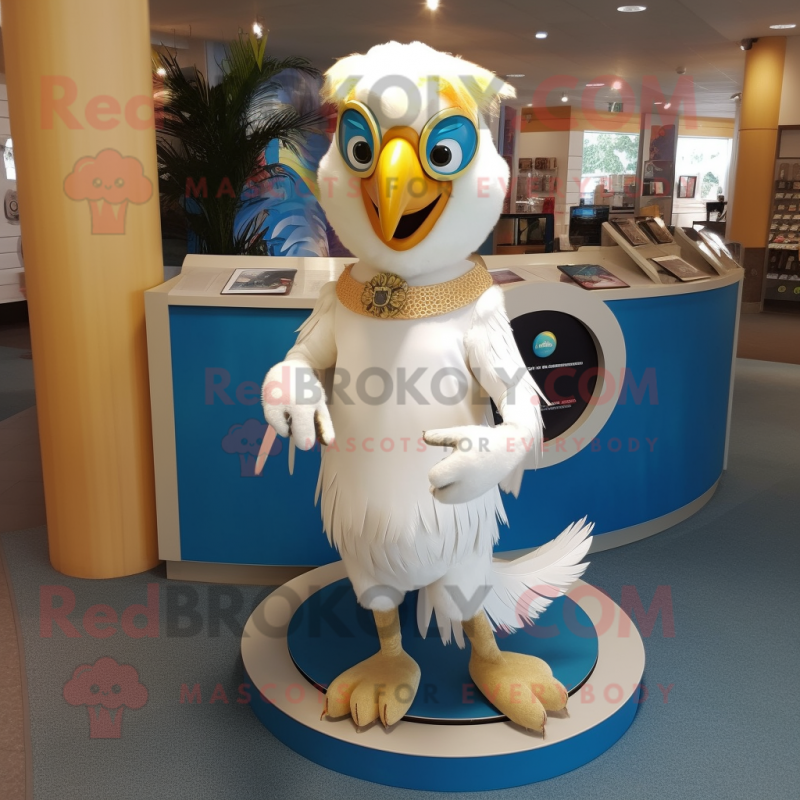 Cream Macaw mascot costume character dressed with a Circle Skirt and Earrings
