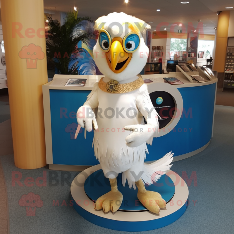 Cream Macaw mascot costume character dressed with a Circle Skirt and Earrings Cream Macaw mascot costume character dressed with a Circle Skirt and Earrings