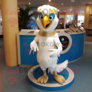 Cream Macaw mascot costume character dressed with a Circle Skirt and Earrings