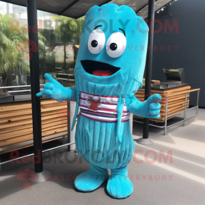 Cyan Bbq Ribs mascot costume character dressed with a One-Piece Swimsuit and Keychains