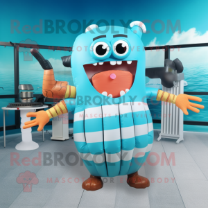 Cyan Bbq Ribs mascot costume character dressed with a One-Piece Swimsuit and Keychains