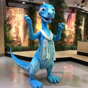 Sky Blue Coelophysis mascot costume character dressed with a Maxi Skirt and Earrings