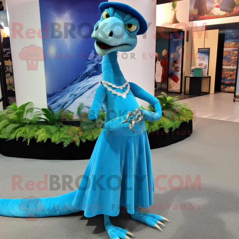 Sky Blue Coelophysis mascot costume character dressed with a Maxi Skirt and Earrings