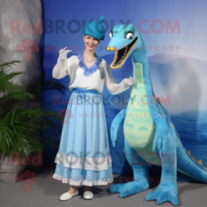 Sky Blue Coelophysis mascot costume character dressed with a Maxi Skirt and Earrings