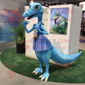 Sky Blue Coelophysis mascot costume character dressed with a Maxi Skirt and Earrings