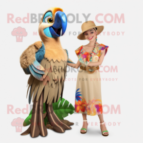 Tan Macaw mascot costume character dressed with a Shift Dress and Earrings