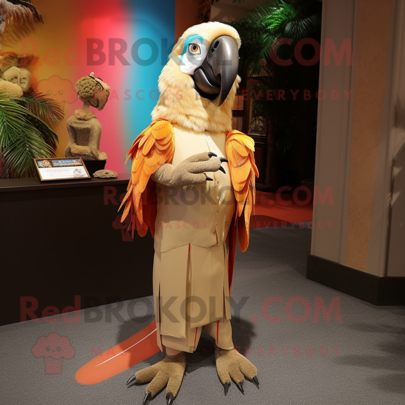 Tan Macaw mascot costume character dressed with a Shift Dress and Earrings