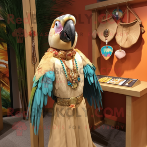 Tan Macaw mascot costume character dressed with a Shift Dress and Earrings