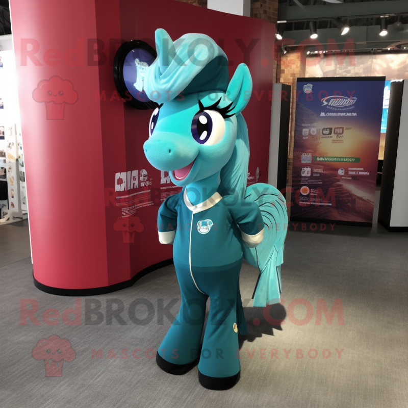 Teal Horseshoe mascot costume character dressed with a Mini Dress and Pocket squares Teal Horseshoe mascot costume character dressed with a Mini Dress and Pocket squares