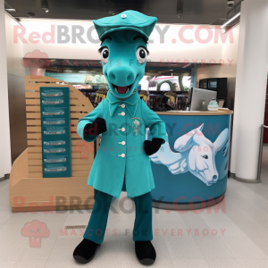 Teal Horseshoe mascot costume character dressed with a Mini Dress and Pocket squares