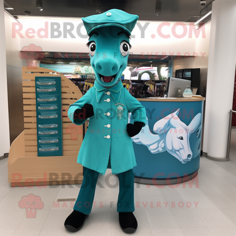 Teal Horseshoe mascot costume character dressed with a Mini Dress and Pocket squares Teal Horseshoe mascot costume character dressed with a Mini Dress and Pocket squares