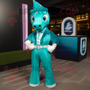 Teal Horseshoe mascot costume character dressed with a Mini Dress and Pocket squares