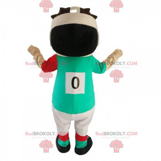 Mascote pequeno jogador de rúgbi com uma camisa verde e