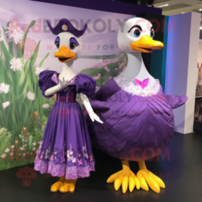 Purple Swans mascot costume character dressed with a Maxi Dress and Hairpins