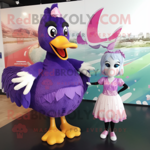 Purple Swans mascot costume character dressed with a Maxi Dress and Hairpins