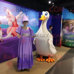 Purple Swans mascot costume character dressed with a Maxi Dress and Hairpins