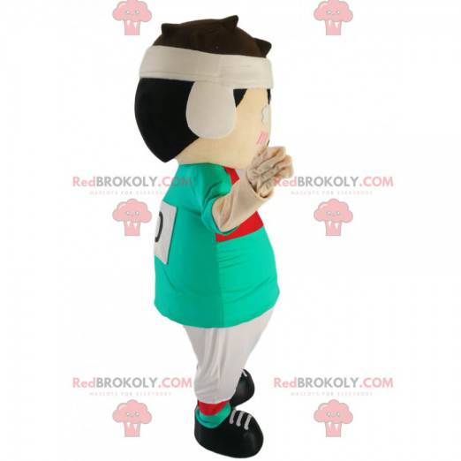 Mascot pequeño jugador de rugby con una camiseta verde y roja -