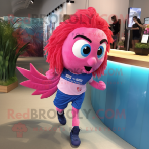 Pink Betta Fish mascot costume character dressed with a Running Shorts and Brooches