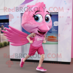 Pink Betta Fish mascot costume character dressed with a Running Shorts and Brooches