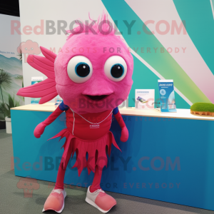 Pink Betta Fish mascot costume character dressed with a Running Shorts and Brooches