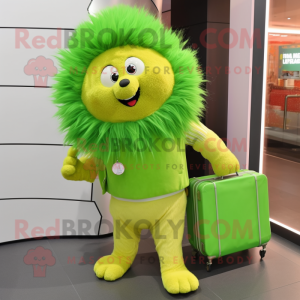 Lime Green Porcupine mascot costume character dressed with a Jumpsuit and Handbags