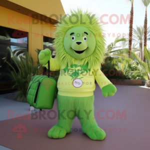 Lime Green Porcupine mascot costume character dressed with a Jumpsuit and Handbags