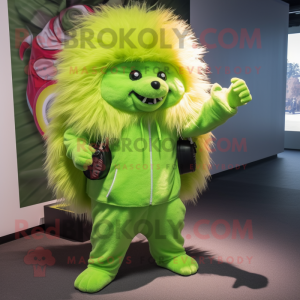 Lime Green Porcupine mascot costume character dressed with a Jumpsuit and Handbags