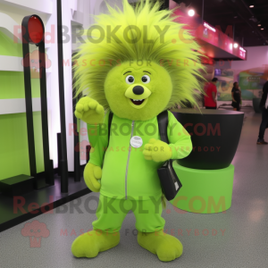 Lime Green Porcupine mascot costume character dressed with a Jumpsuit and Handbags