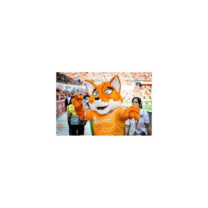 Mascote raposa laranja e branca com olhos azuis - Redbrokoly.com