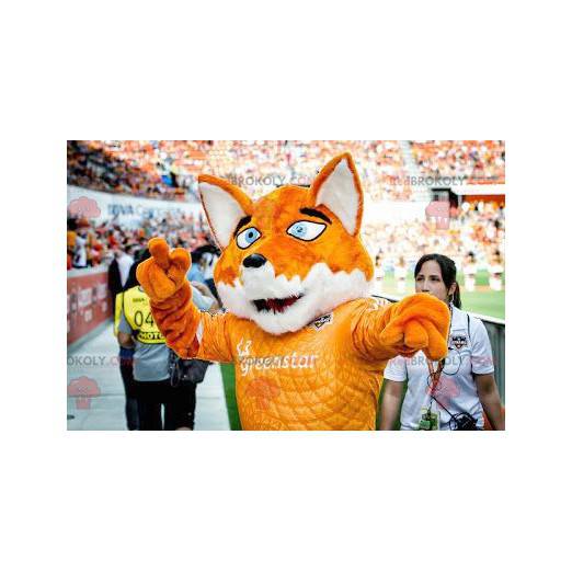 Mascote raposa laranja e branca com olhos azuis - Redbrokoly.com