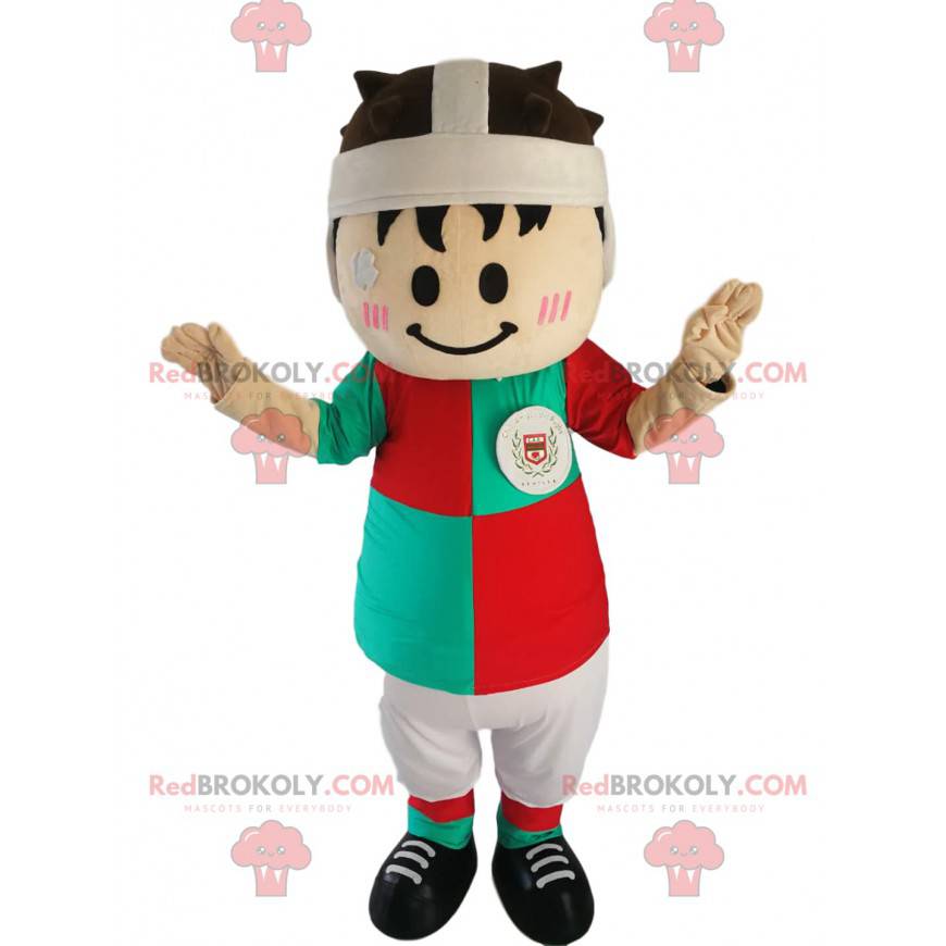 Mascot small rugby player with a green and red jersey -