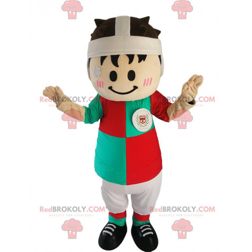 Mascote pequeno jogador de rúgbi com uma camisa verde e
