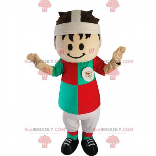 Mascot pequeño jugador de rugby con una camiseta verde y roja -