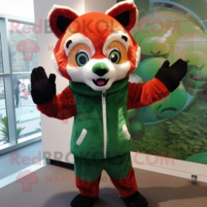 Forest Green Red Panda mascot costume character dressed with a Sweater and Mittens