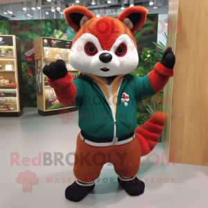 Forest Green Red Panda mascot costume character dressed with a Sweater and Mittens