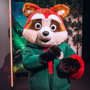 Forest Green Red Panda mascot costume character dressed with a Sweater and Mittens