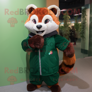 Forest Green Red Panda mascot costume character dressed with a Sweater and Mittens