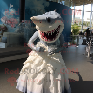 Gray Megalodon mascot costume character dressed with a Wedding Dress and Hair clips