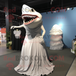Gray Megalodon mascot costume character dressed with a Wedding Dress and Hair clips