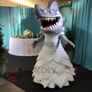 Gray Megalodon mascot costume character dressed with a Wedding Dress and Hair clips