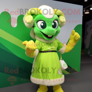 Lime Green Ram mascot costume character dressed with a Pencil Skirt and Mittens