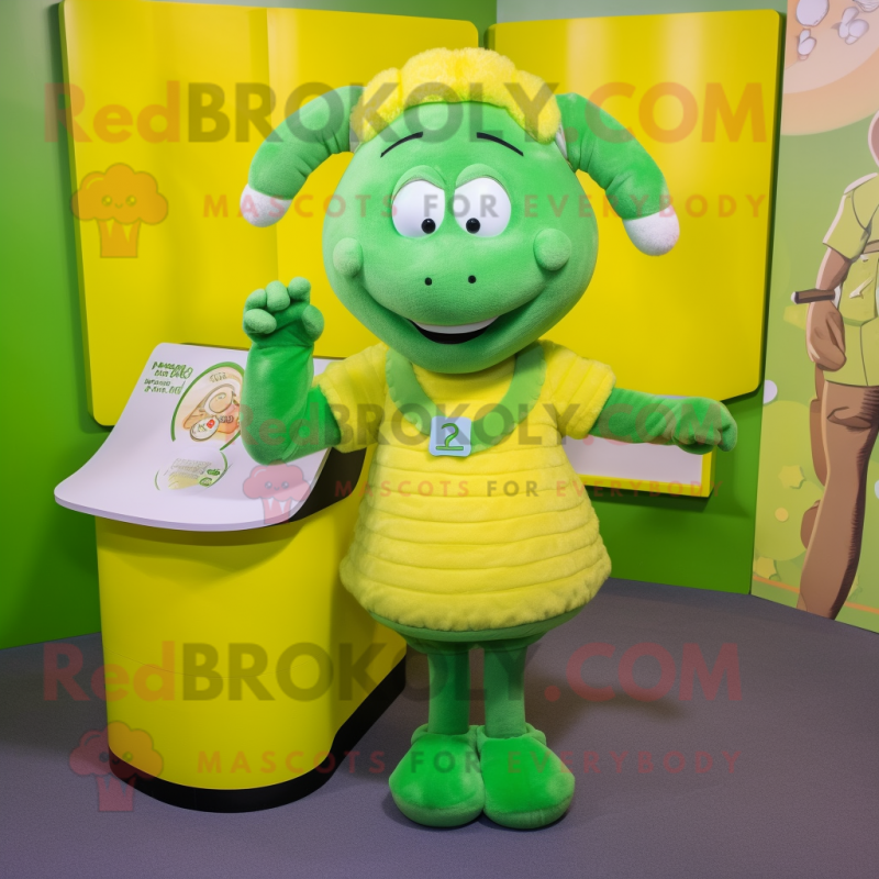 Lime Green Ram mascot costume character dressed with a Pencil Skirt and Mittens