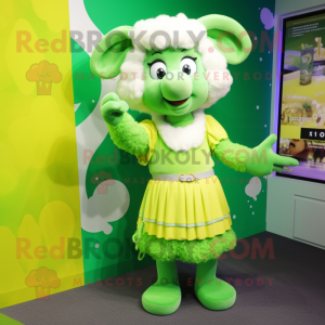 Lime Green Ram mascot costume character dressed with a Pencil Skirt and Mittens
