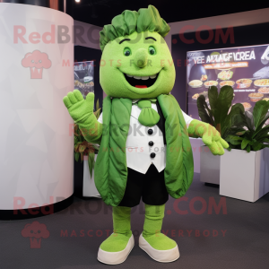 Green Caesar Salad mascot costume character dressed with a Waistcoat and Lapel pins