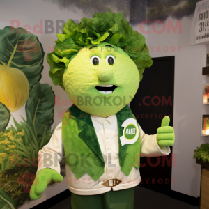 Green Caesar Salad mascot costume character dressed with a Waistcoat and Lapel pins