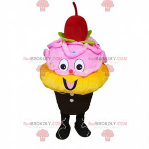 Gelbes und rosa Eismaskottchen mit einer Kirsche -
