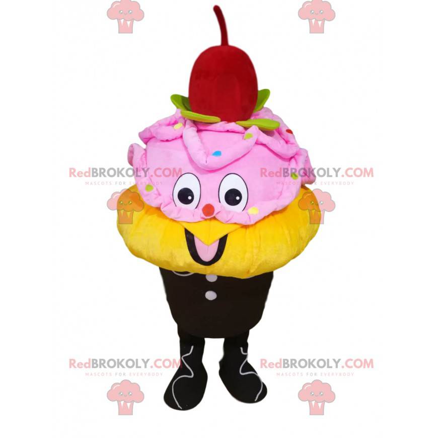 Mascotte de glace jaune et rose avec une cerise - Redbrokoly.com