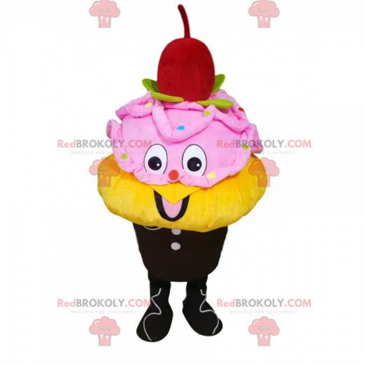 Mascote de sorvete amarelo e rosa com cereja - Redbrokoly.com